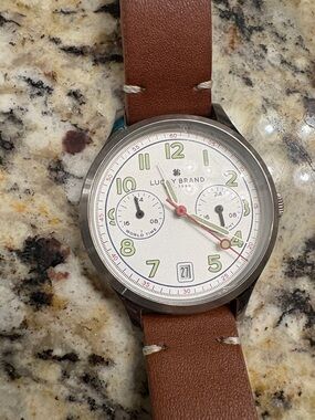 Lucky Brand Brown Leather Strap Watch with White Dial and Green Numerals